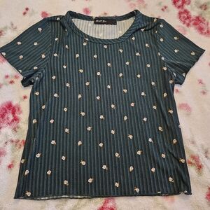 Emerald Green Floral Ribbed Short Sleeve Top